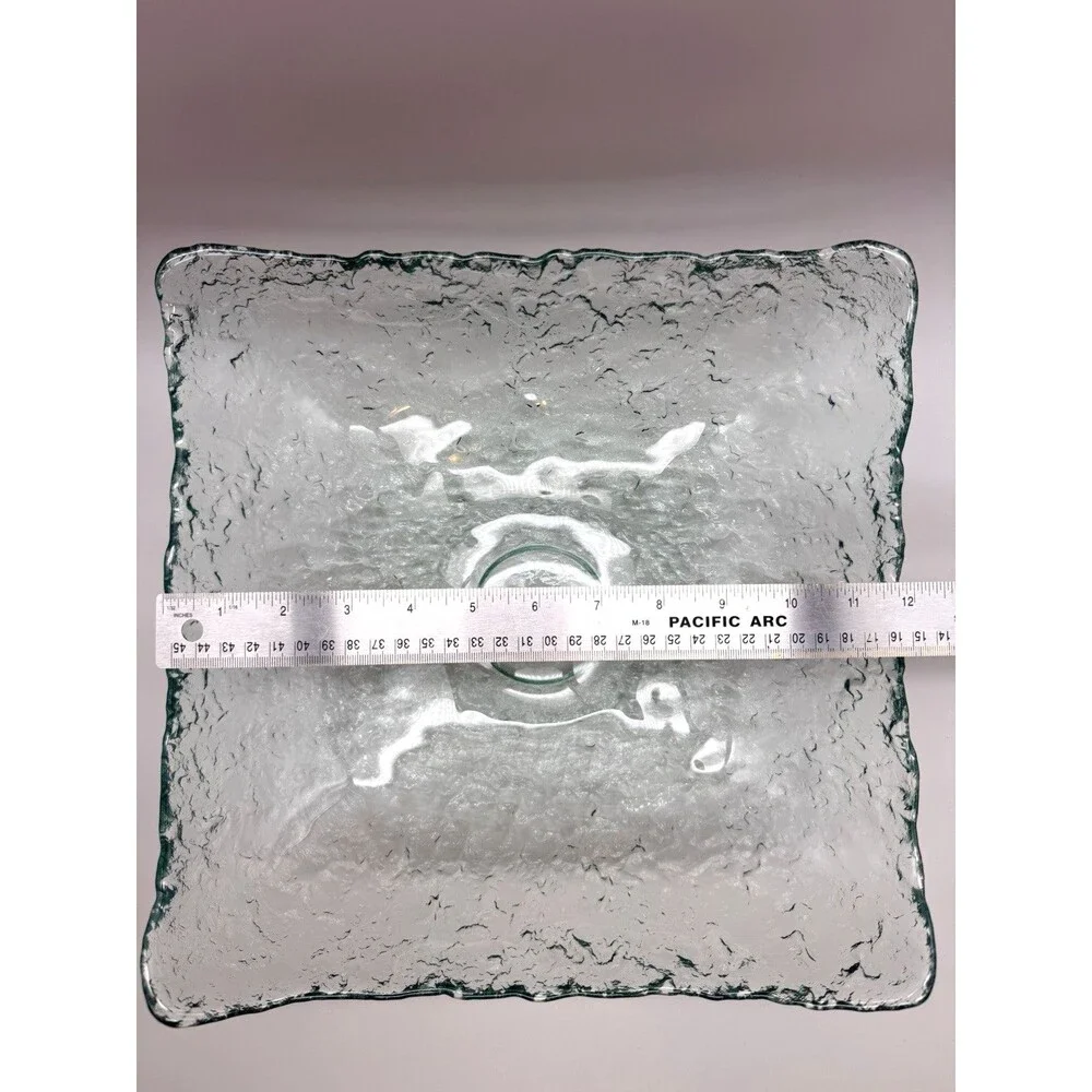 VTG San Miguel Style Recycled Ice Glass Square Bowl Pale Aqua Green Bark 12” MCM